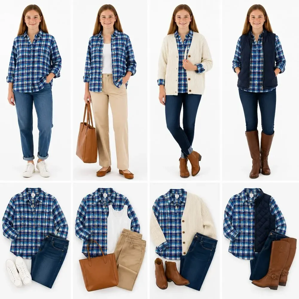 Lands' End Kids Girls Plaid Button-Up Shirt with Ruffle Collar - Size 16